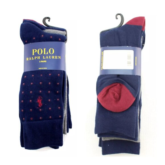 Polo Ralph Lauren 3-Pack Casual Dress Socks Dots Navy Blue Grey Maroon Dark Red - Picture 3 of 6
